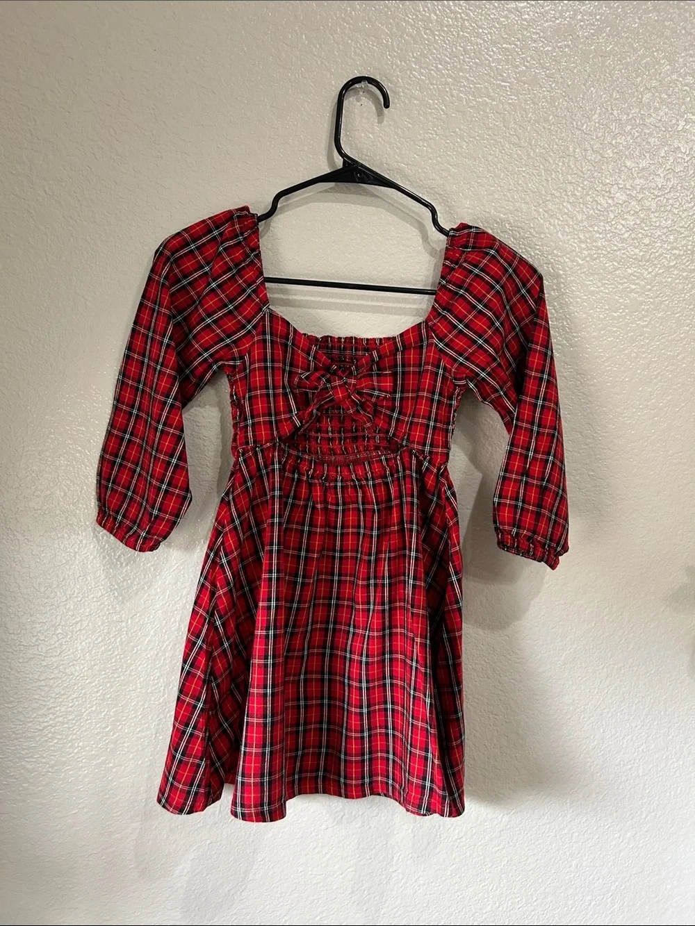 Old Navy Girls Red Plaid Smocked Dress Sz 6/7 Long Sleeve Summer Party Formal